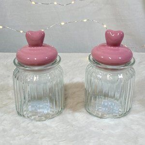 Valentines Glass Container Cookie Candy Jar W/Heart Ceramic Lid Set of 2 New